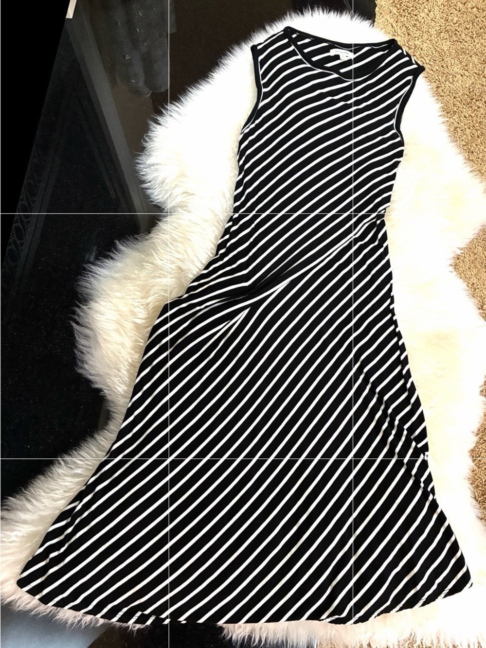 Max Studio Black and White Asymmetrical Striped Midi Dress
